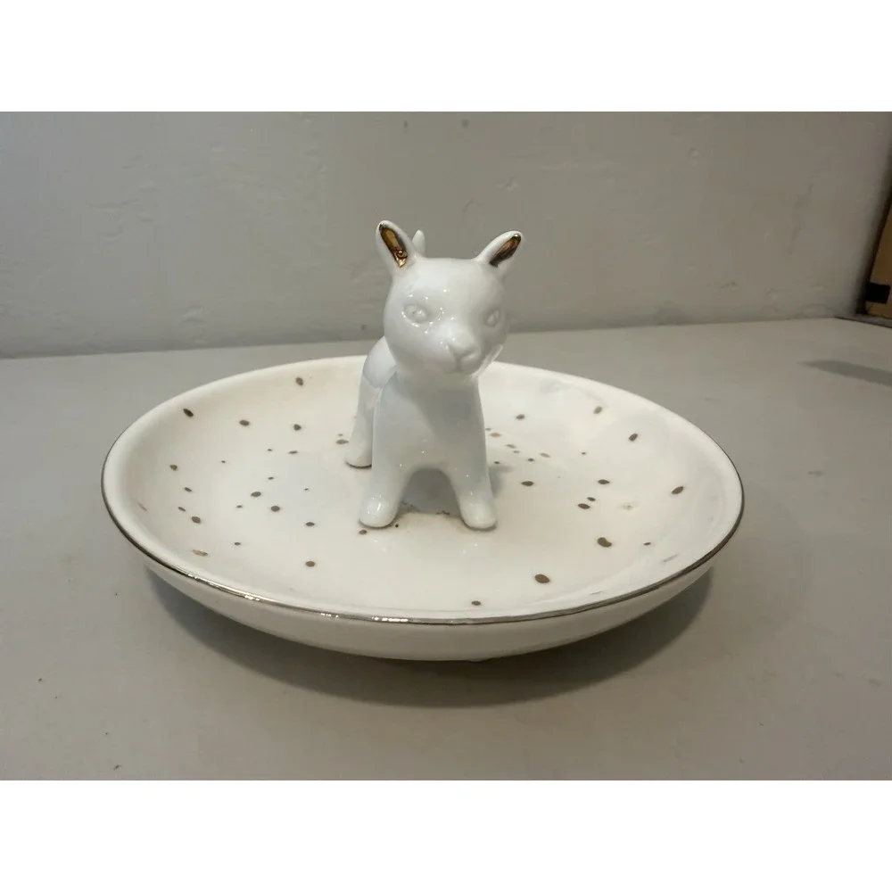 Cat Dish Ring Holder White With Gold Trim and Polka Dots